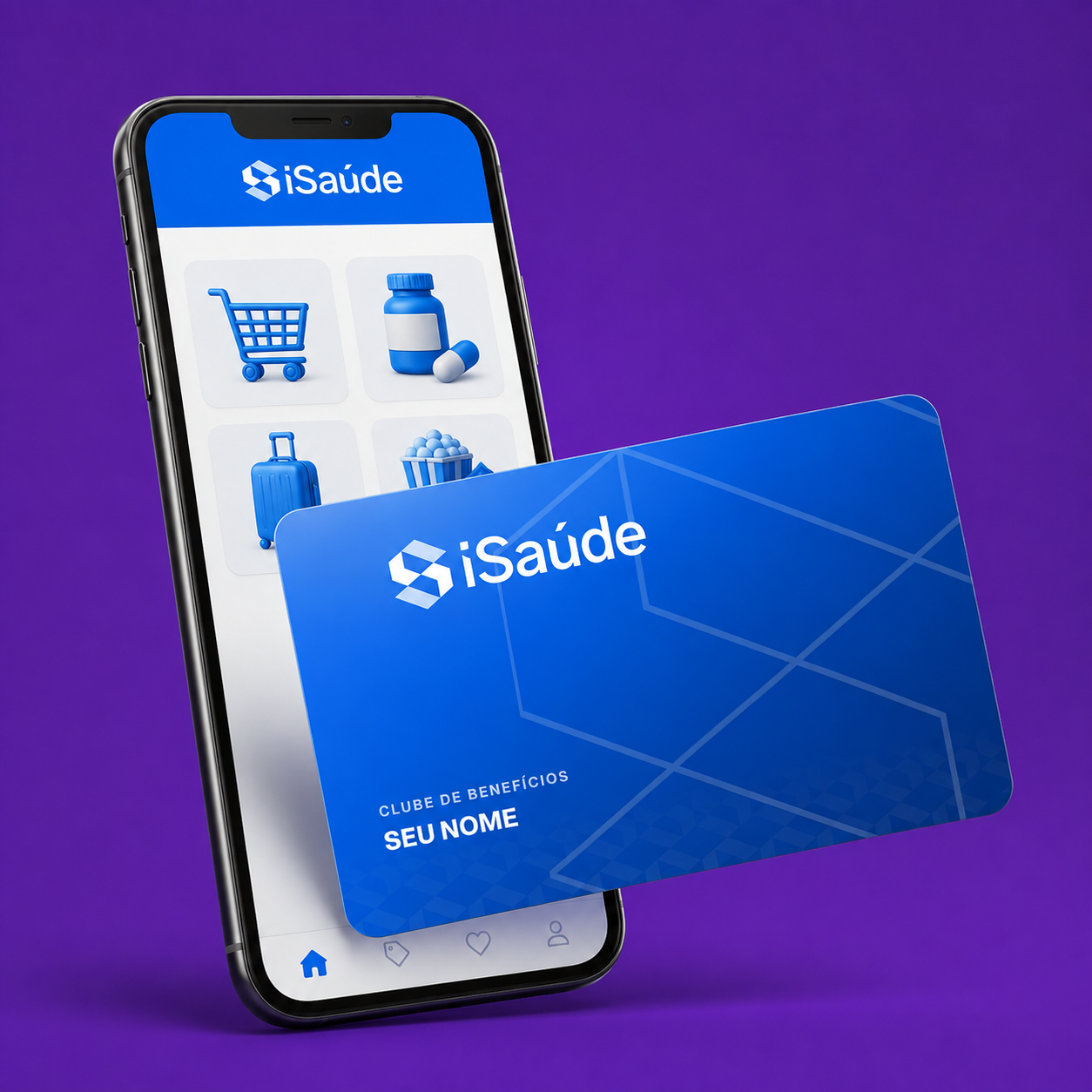 Cartão azul iSaúde em frente a um celular com ilustrações de compras, farmácia, viagens e cinema