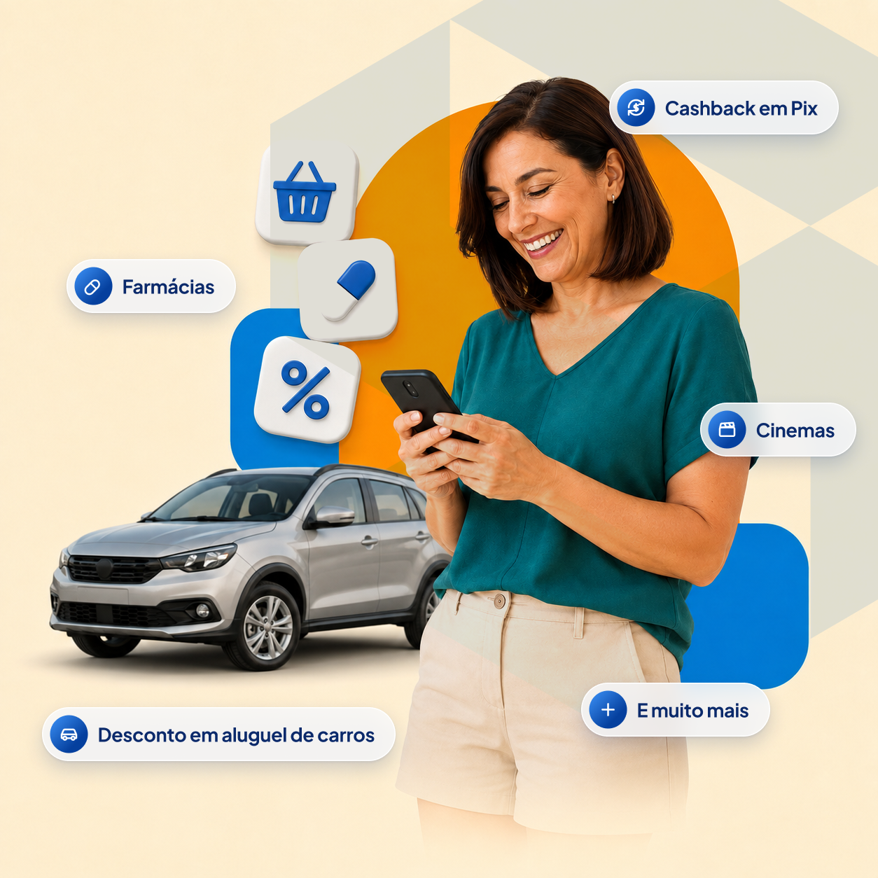 Mulher usando o celular com benefícios iSaúde: cashback em Pix, farmácias, cinemas, desconto em aluguel de carros e muito mais