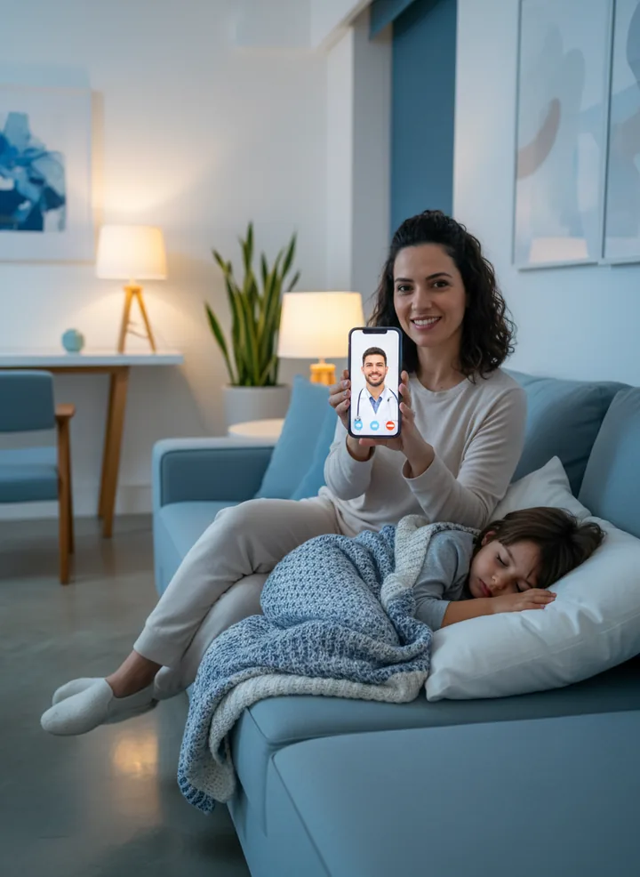 Paciente em consulta por vídeo com um médico pelo celular, em casa