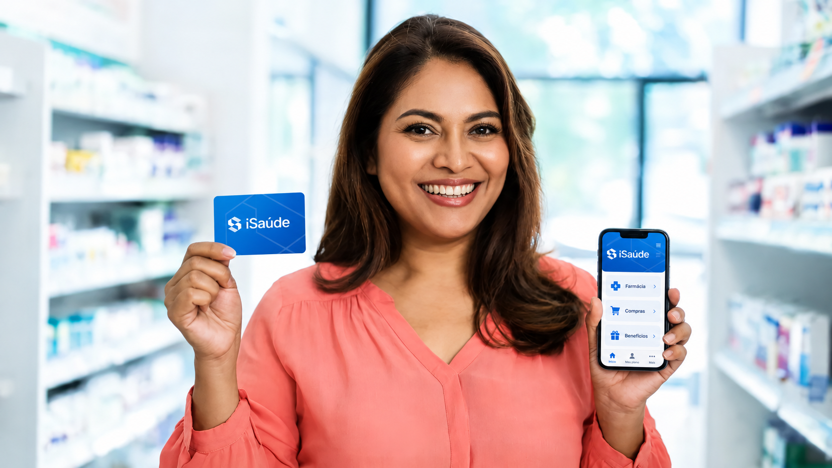 Mulher sorridente usando o celular com o cartão iSaúde na mão