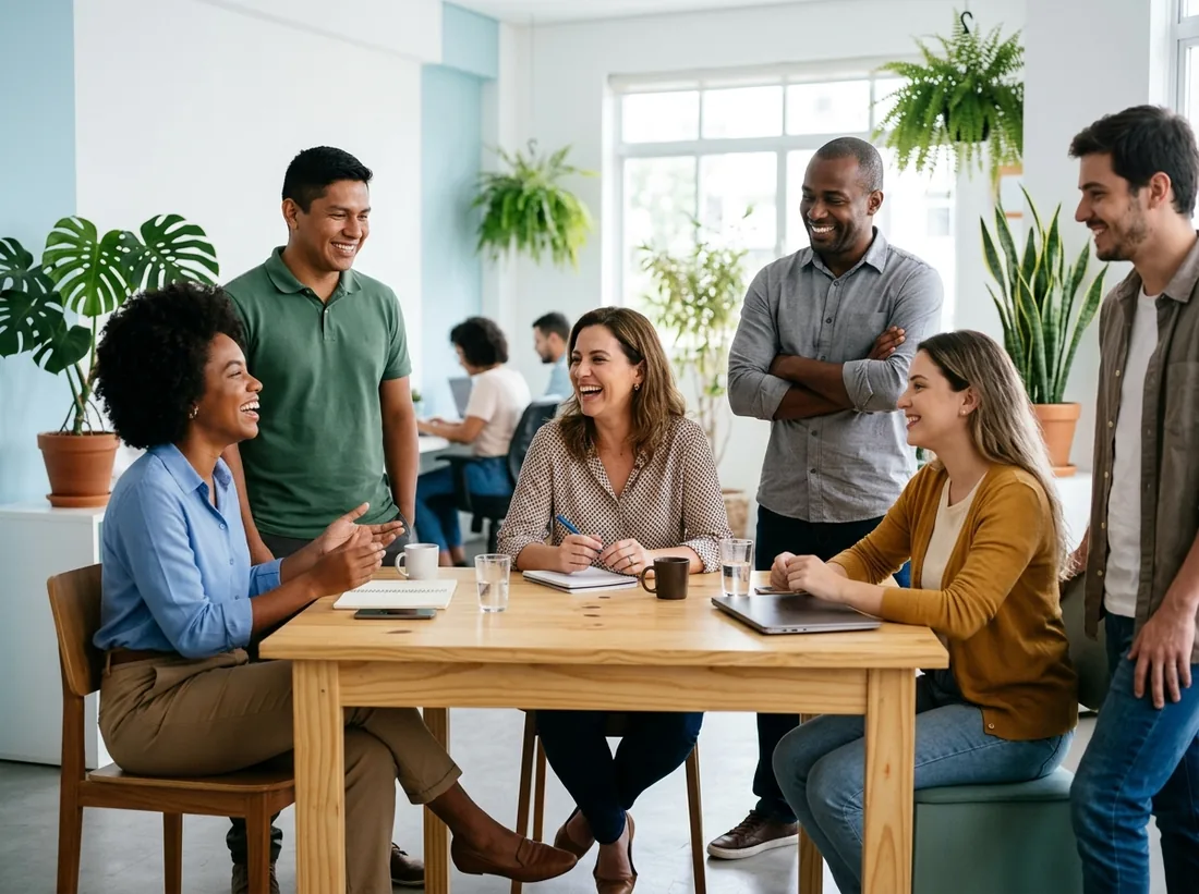 Equipe de uma empresa reunida em uma sala clara durante uma conversa informal