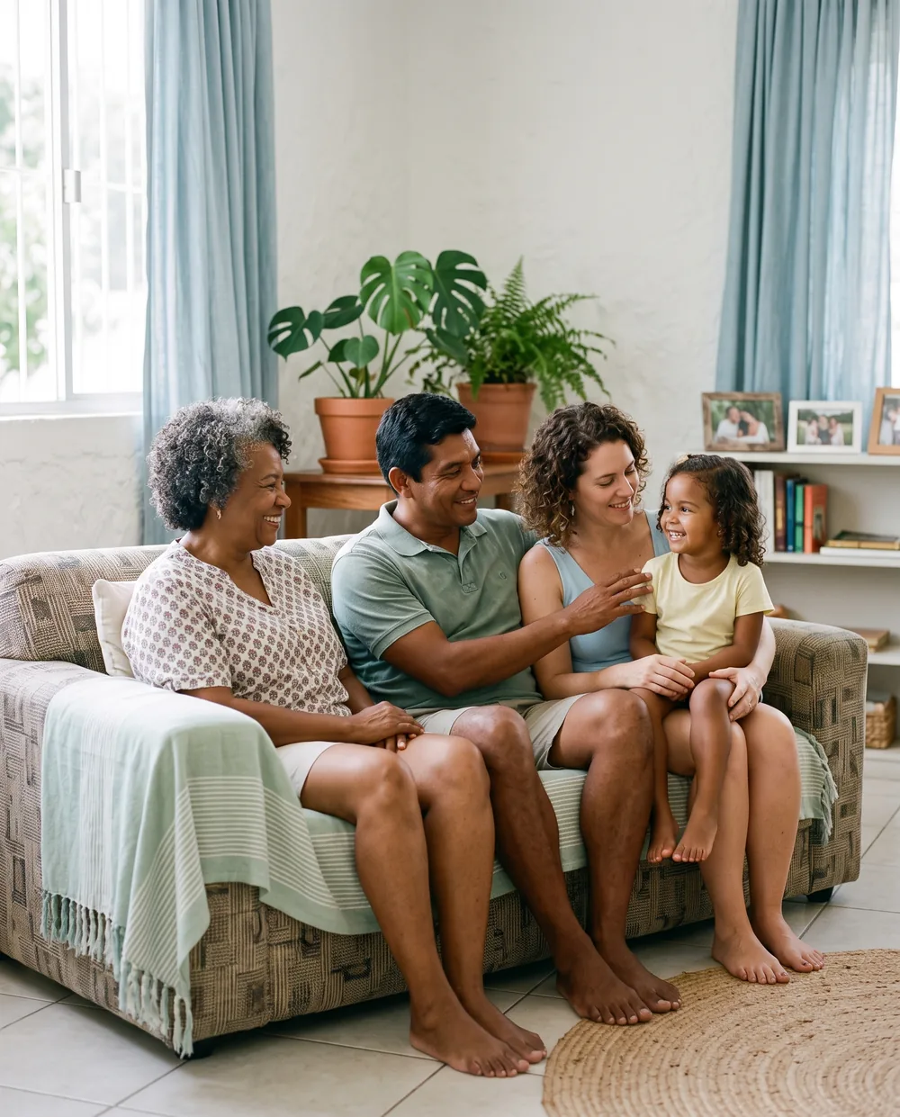 Família de três gerações reunida no sofá de casa, em um momento tranquilo