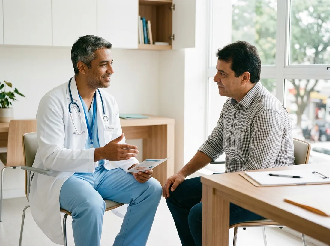 Médico conversando com um paciente em consultório claro, explicando com atenção
